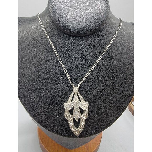 Vintage Rhinestone Pot Metal Pendant Necklace 15" Choker Style Silver Tone Chain - Picture 1 of 7